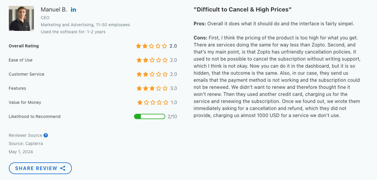 Zopto testimonial on Capterra