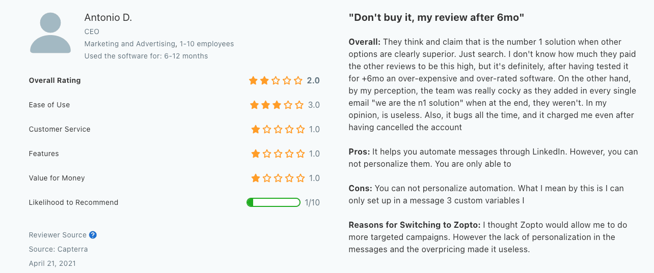 Zopto testimonial on Capterra